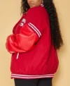Order Plus Red Quilted Faux Leather Sleeve Oversized Varsity Bomber Jacket For Sale Men And Women