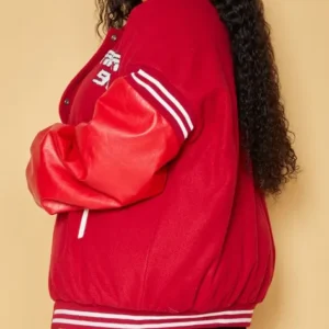 Order Plus Red Quilted Faux Leather Sleeve Oversized Varsity Bomber Jacket For Sale Men And Women