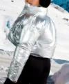 Prettylittlething Ski Silver High Shine Parachute Cropped Puffer Coat