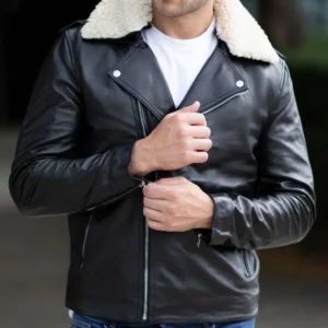 Stylish Black Mens Leather Jacket With Fur Collar