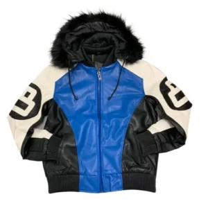 8 Ball Black White and Blue Parka Leather Jacket On Sale