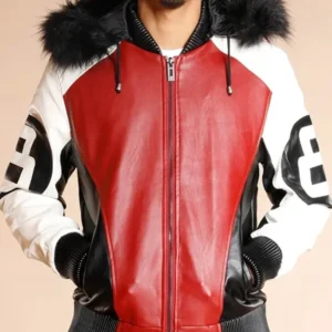 8 Ball Logo Fur Hooded Leather Jacket On Sale
