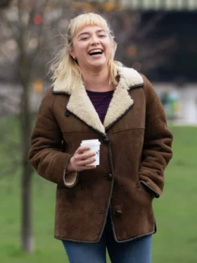 Florence Pugh We Live in Time 2025 Brown Shearling Jacket