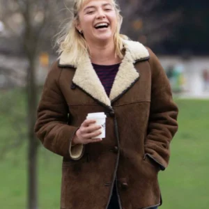 Florence Pugh We Live in Time 2025 Brown Shearling Jacket