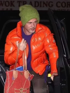 Shop Brad Pitt Wolfs 2024 Orange Puffer Jacket