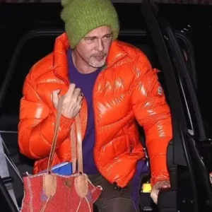 Shop Brad Pitt Wolfs 2024 Orange Puffer Jacket