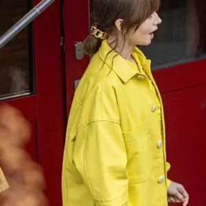 Emily In Paris S04 Lily Collins Yellow Leather Jacket