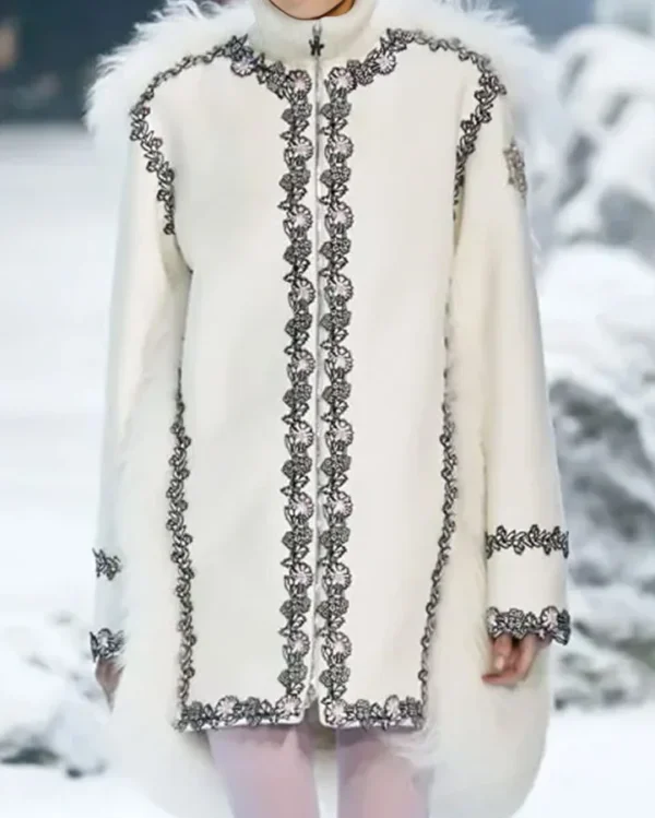 Lily Collins Emily In Paris S04 White Fur Embroidered Coat