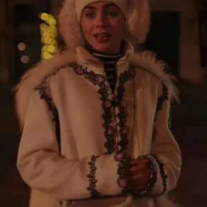 Lily Collins Emily In Paris S04 White Fur Embroidered Coat On Sale