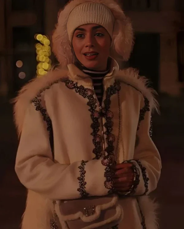 Lily Collins Emily In Paris S04 White Fur Embroidered Coat On Sale