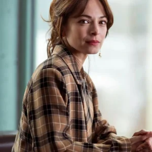 Shop Murder in a Small 2024 Kristin Kreuk Plaid Coat