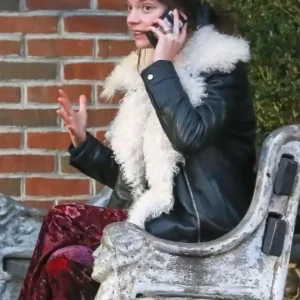 Anya Taylor Joy Black Shearling Leather Jacket Front