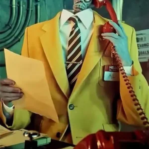 Beetlejuice Beetlejuice Bob the Shrinker Head Suit closeup