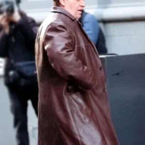 Colin Farrell The Penguin Brown Leather Coat Side View