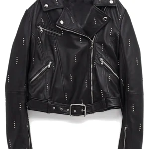 Dua Lipa Black Belted Leather Jacket Front