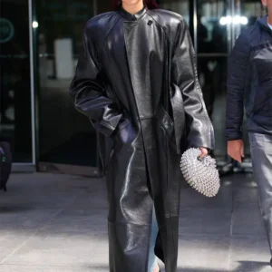 Dua Lipa Black Leather Coat Front