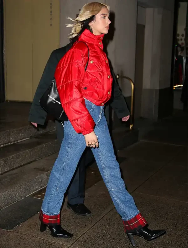 Dua Lipa Red Puffer Jacket For Sale