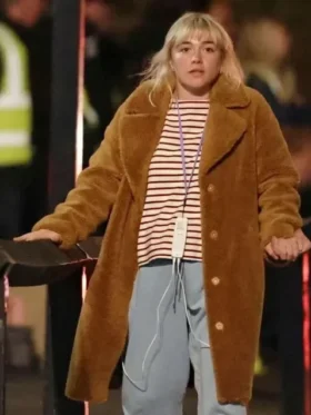 Florence Pugh We live in Time 2025 Brown Shearling Coat