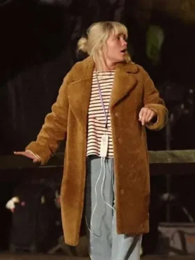 Florence Pugh We live in Time 2025 Brown Shearling Coat Full View
