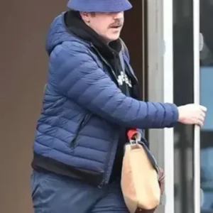 Jason Sudeikis Ted Lasso S03 Blue Hooded Puffer Jacket Side View