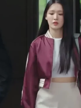 Jin Ga Yeong My Demon Satin Maroon Bomber Jacket Front