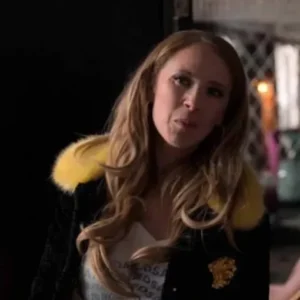 Juno Temple Ted Lasso S03 Black and Yellow Fur Jacket Front