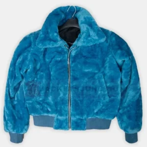 Keeley Jones Ted Lasso Blue Fur Zipper Jacket Front