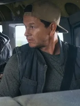 Mark Wahlberg Movie Flight Risk 2024 Blue Vest