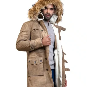 Real Fuax Fur Hooded Bane Long Leather Coat for Men Sale