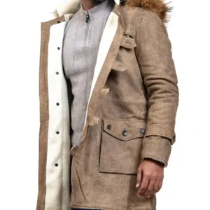 Real Fuax Fur Hooded Bane Long Leather Coat sale