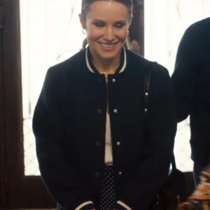 Shop Nobody Wants This 2024 Joanne Blue Cropped Varsity Jacket