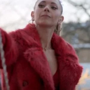 Ted Lasso Juno Temple Long Red Fur Coat Front