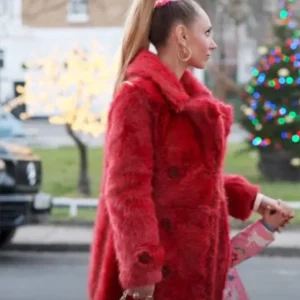 Ted Lasso Juno Temple Long Red Fur Coat Side View