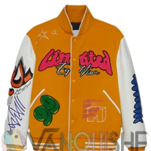 Yellow Boxy Fit Graffiti Varsity Jacket front