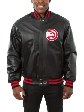 atlanta hawks black leather bomber jacket main