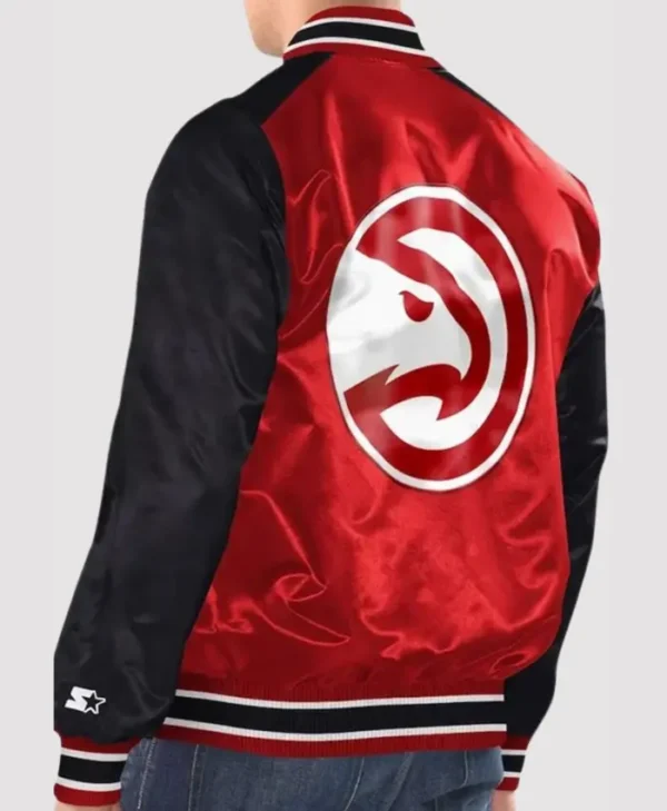 atlanta hawks red and black stain varsity jacket back