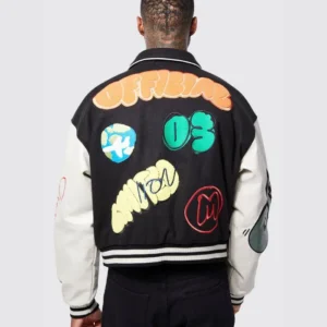 black boxy fit graffiti varsity jacket back