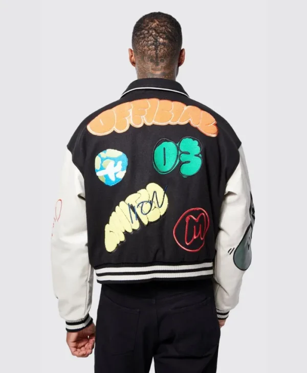 black boxy fit graffiti varsity jacket back