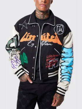 black boxy fit graffiti varsity jacket main