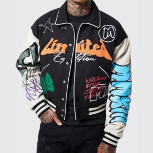 black boxy fit graffiti varsity jacket main