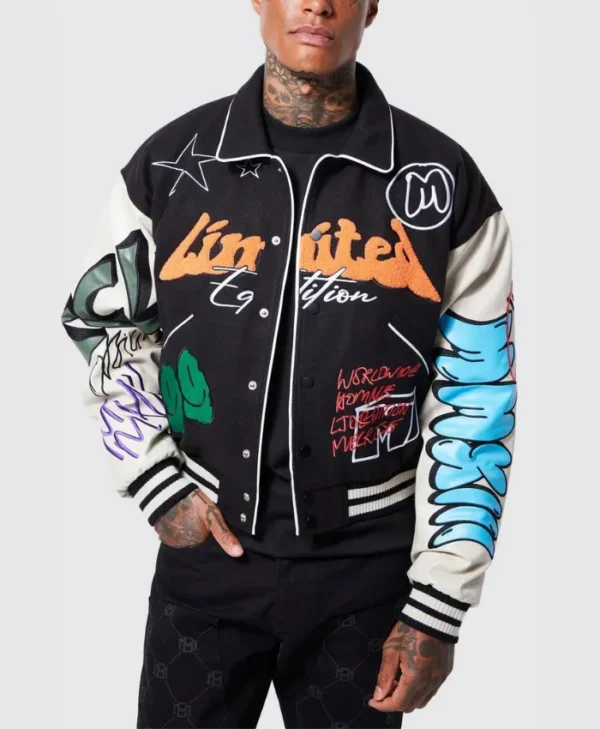 black boxy fit graffiti varsity jacket main