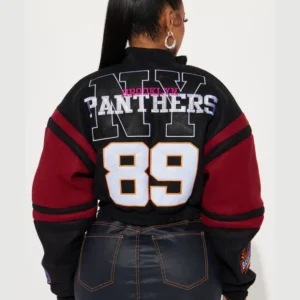 cropped black brooklyn hottie varsity jacket back