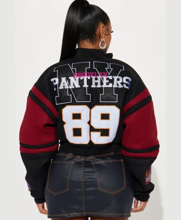 cropped black brooklyn hottie varsity jacket back