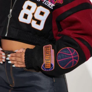 cropped black brooklyn hottie varsity jacket patched