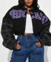 womens black chicago style cropped varsity jacket