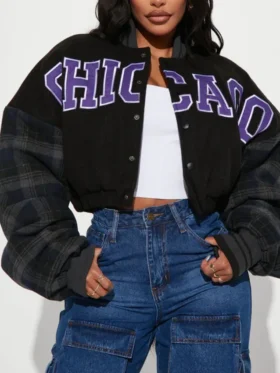 womens black chicago style cropped varsity jacket