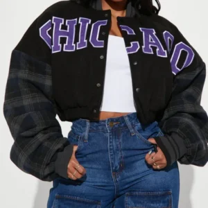 womens black chicago style cropped varsity jacket