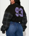 womens black chicago style cropped varsity jacket back