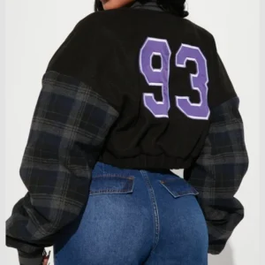 womens black chicago style cropped varsity jacket back