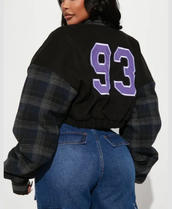 womens black chicago style cropped varsity jacket back